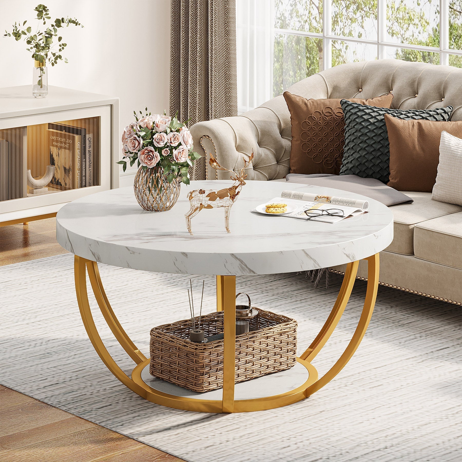 Wooden Coffee Table, 2-Tier Round Central Cocktail Table with Shelves Tribesigns